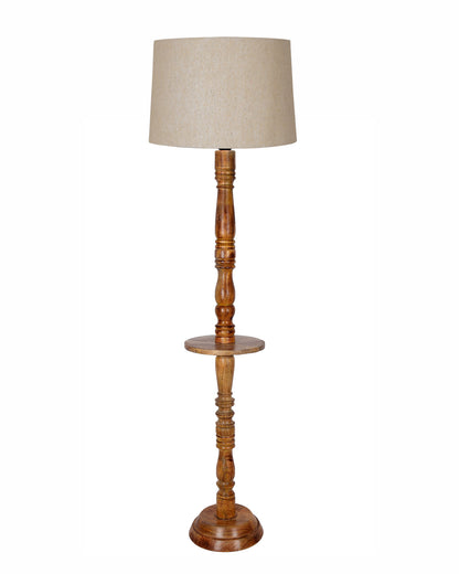 Rustic Wood Floor Lamp in Walnut Brown with Multicolor Fabric Lamp Shade | Light Decoration for Home Corner | Living Room & Bedroom Bedside Floor Lamp, Antique Floor Light, Tray End Table, Bird