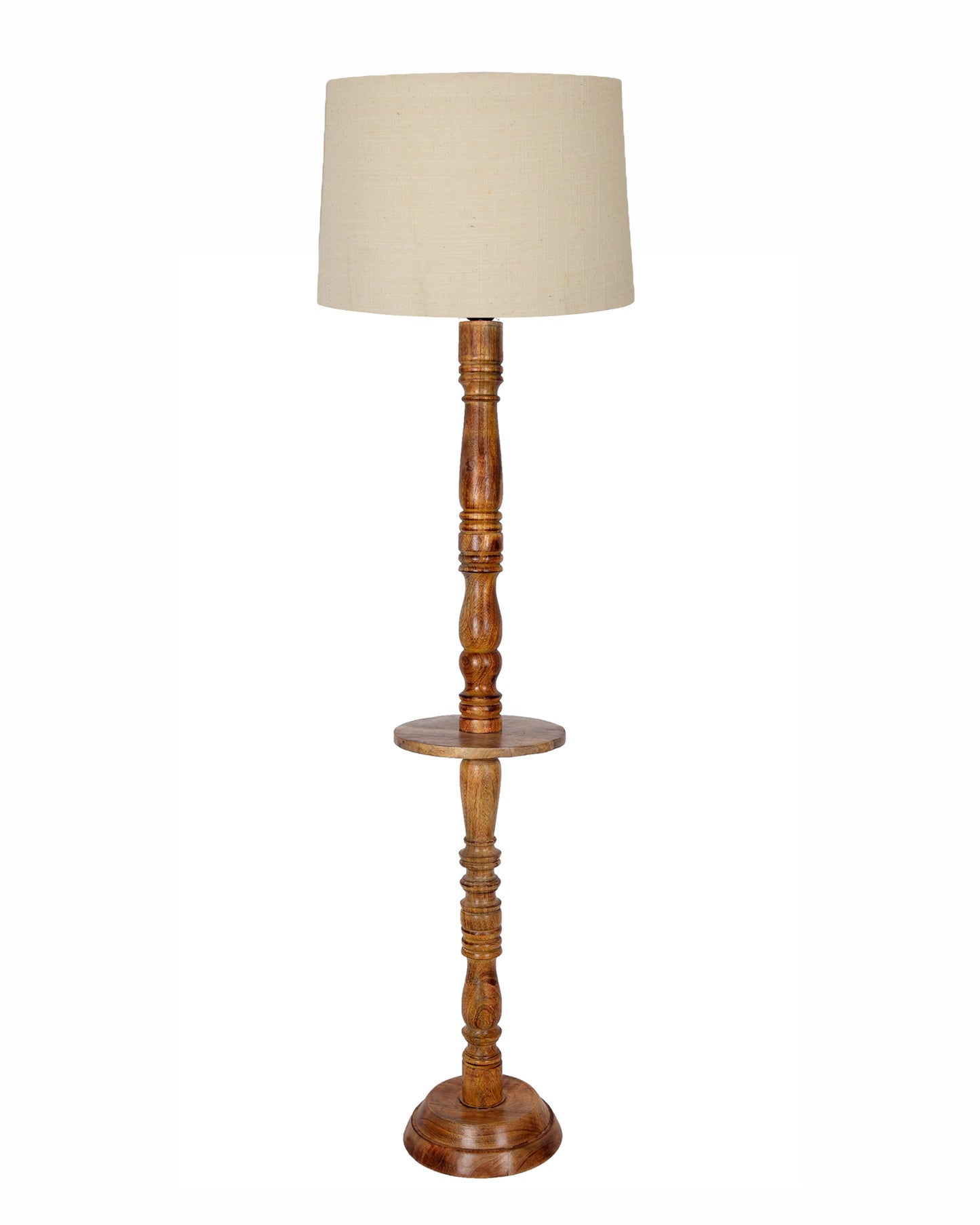 Rustic Wood Floor Lamp in Walnut Brown with Multicolor Fabric Lamp Shade | Light Decoration for Home Corner | Living Room & Bedroom Bedside Floor Lamp, Antique Floor Light, Tray End Table, Bird