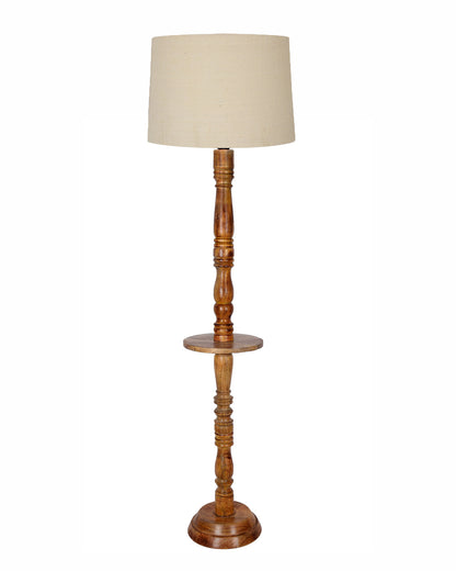 Rustic Wood Floor Lamp in Walnut Brown with Multicolor Fabric Lamp Shade | Light Decoration for Home Corner | Living Room & Bedroom Bedside Floor Lamp, Antique Floor Light, Tray End Table, Bird