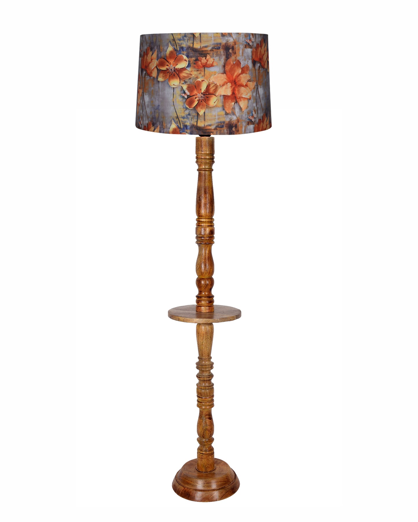Rustic Wood Floor Lamp in Walnut Brown with Multicolor Fabric Lamp Shade | Light Decoration for Home Corner | Living Room & Bedroom Bedside Floor Lamp, Antique Floor Light, Tray End Table, Bird