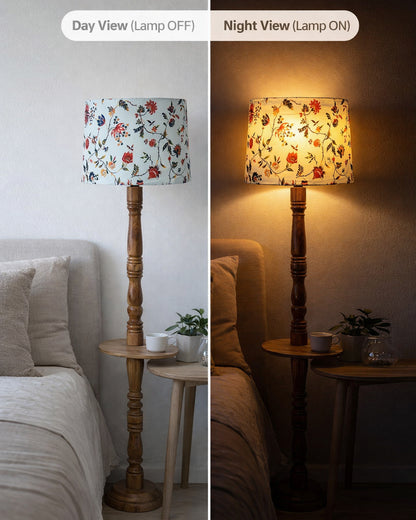 Rustic Wood Floor Lamp in Walnut Brown with Multicolor Fabric Lamp Shade | Light Decoration for Home Corner | Living Room & Bedroom Bedside Floor Lamp, Antique Floor Light, Tray End Table, Bird