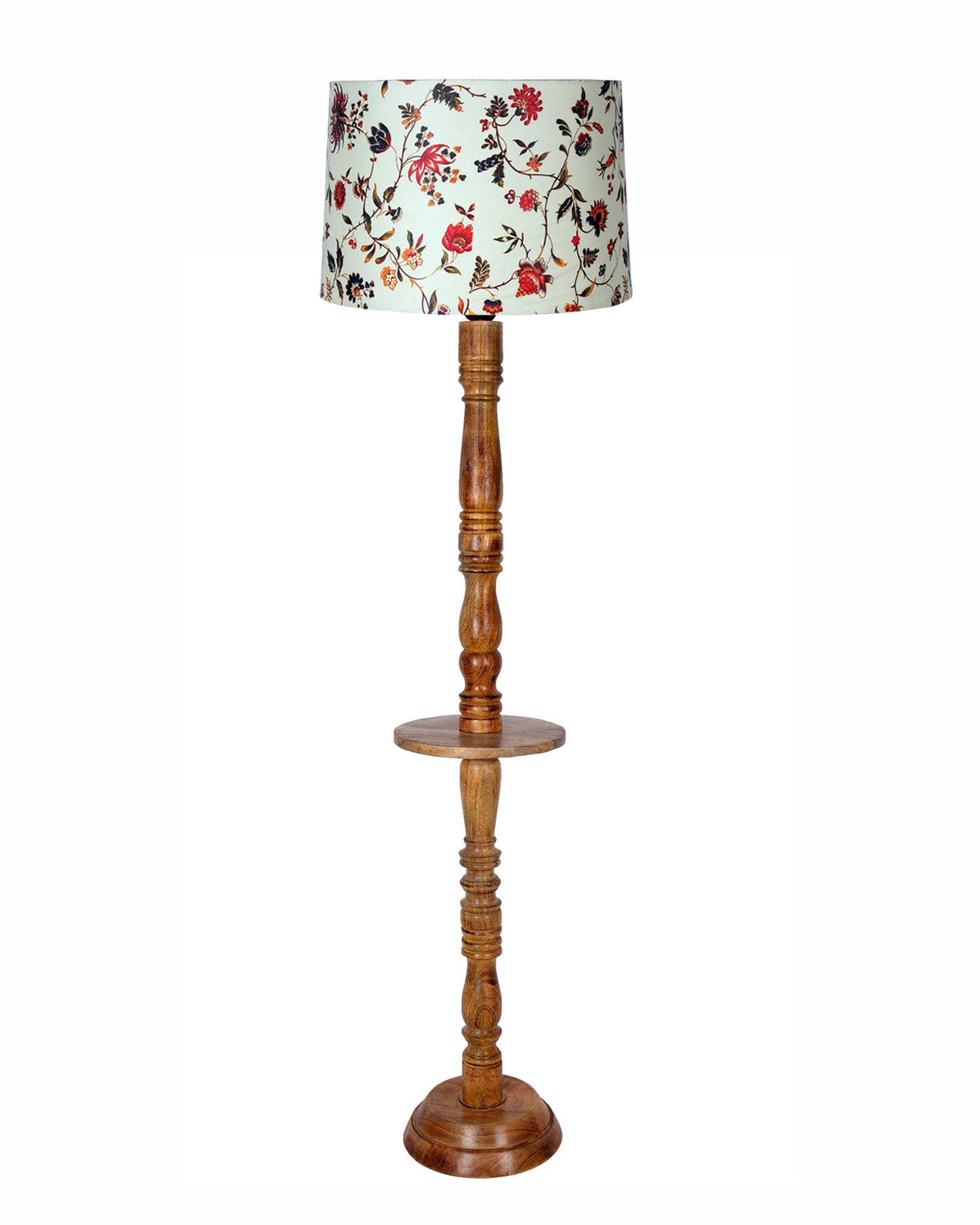 Rustic Wood Floor Lamp in Walnut Brown with Multicolor Fabric Lamp Shade | Light Decoration for Home Corner | Living Room & Bedroom Bedside Floor Lamp, Antique Floor Light, Tray End Table, Bird