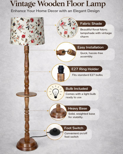 Rustic Wood Floor Lamp in Walnut Brown with Multicolor Fabric Lamp Shade | Light Decoration for Home Corner | Living Room & Bedroom Bedside Floor Lamp, Antique Floor Light, Tray End Table, Bird