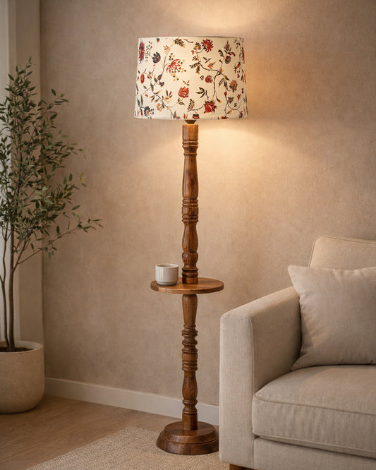 Rustic Wood Floor Lamp in Walnut Brown with Multicolor Fabric Lamp Shade | Light Decoration for Home Corner | Living Room & Bedroom Bedside Floor Lamp, Antique Floor Light, Tray End Table, Bird