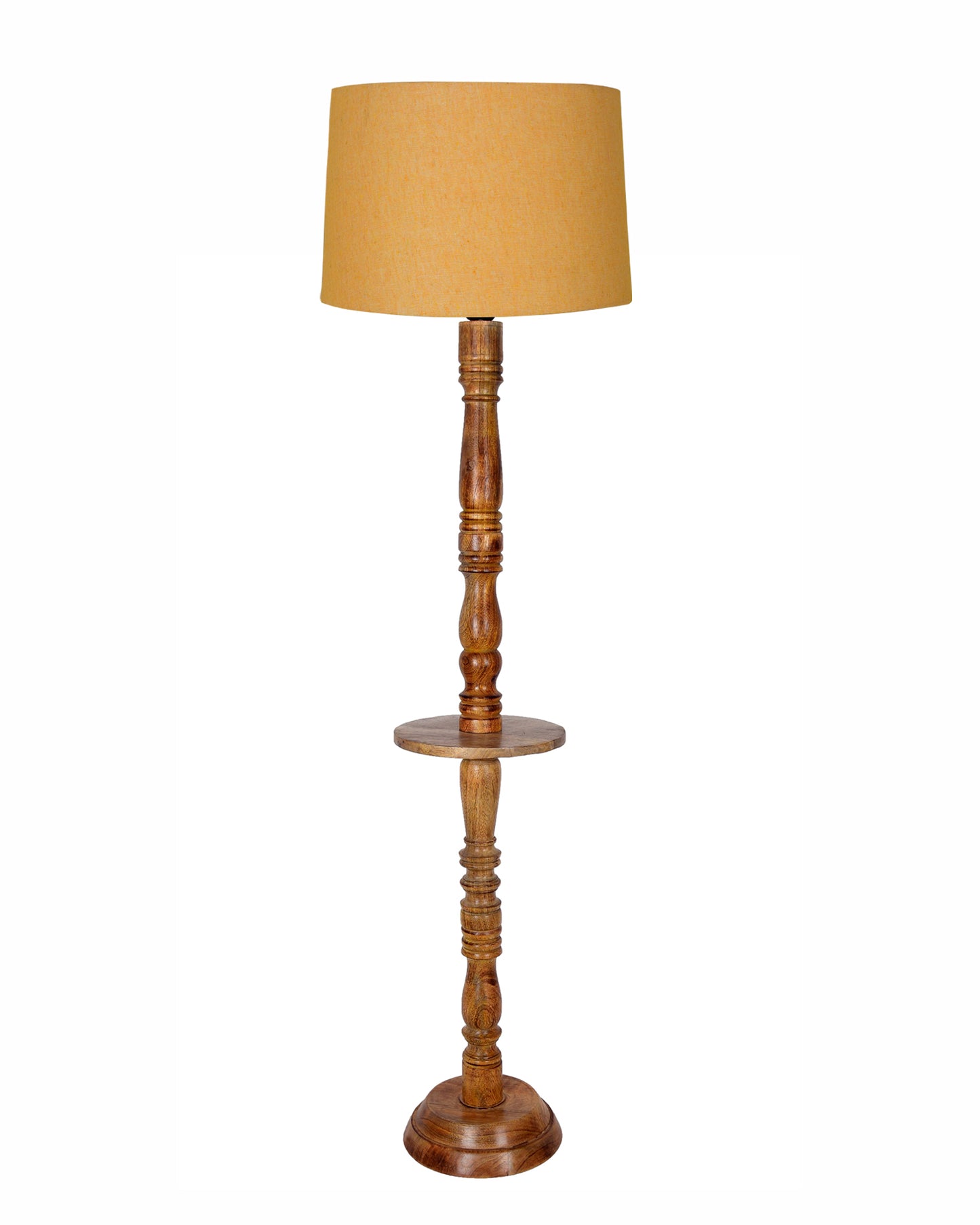 Rustic Wood Floor Lamp in Walnut Brown with Multicolor Fabric Lamp Shade | Light Decoration for Home Corner | Living Room & Bedroom Bedside Floor Lamp, Antique Floor Light, Tray End Table, Bird