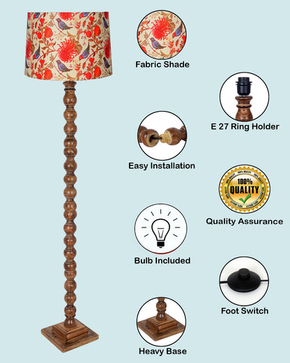 Rustic Wood Floor Lamp in Walnut Brown with Multicolor Fabric Lamp Shade | Light Decoration for Home Corner | Living Room & Bedroom Bedside Floor Lamp, Antique Floor Light, Sweetie Round, Bird