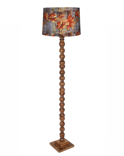 Rustic Wood Floor Lamp in Walnut Brown with Multicolor Fabric Lamp Shade | Light Decoration for Home Corner | Living Room & Bedroom Bedside Floor Lamp, Antique Floor Light, Sweetie Round, Bird