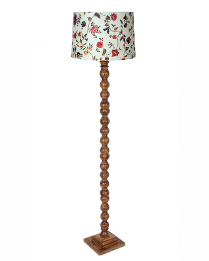 Rustic Wood Floor Lamp in Walnut Brown with Multicolor Fabric Lamp Shade | Light Decoration for Home Corner | Living Room & Bedroom Bedside Floor Lamp, Antique Floor Light, Sweetie Round, Bird