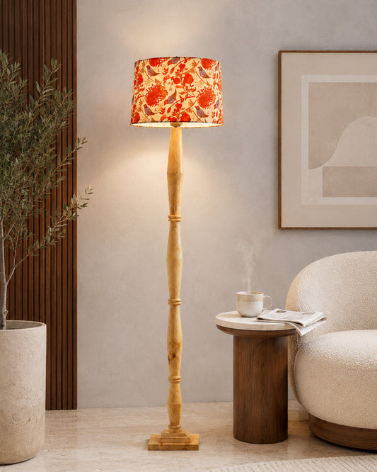 Rustic Wood Floor Lamp in Walnut Brown with Multicolor Fabric Lamp Shade | Light Decoration for Home Corner | Living Room & Bedroom Bedside Floor Lamp, Antique Floor Light, Fanny Figure, Bird