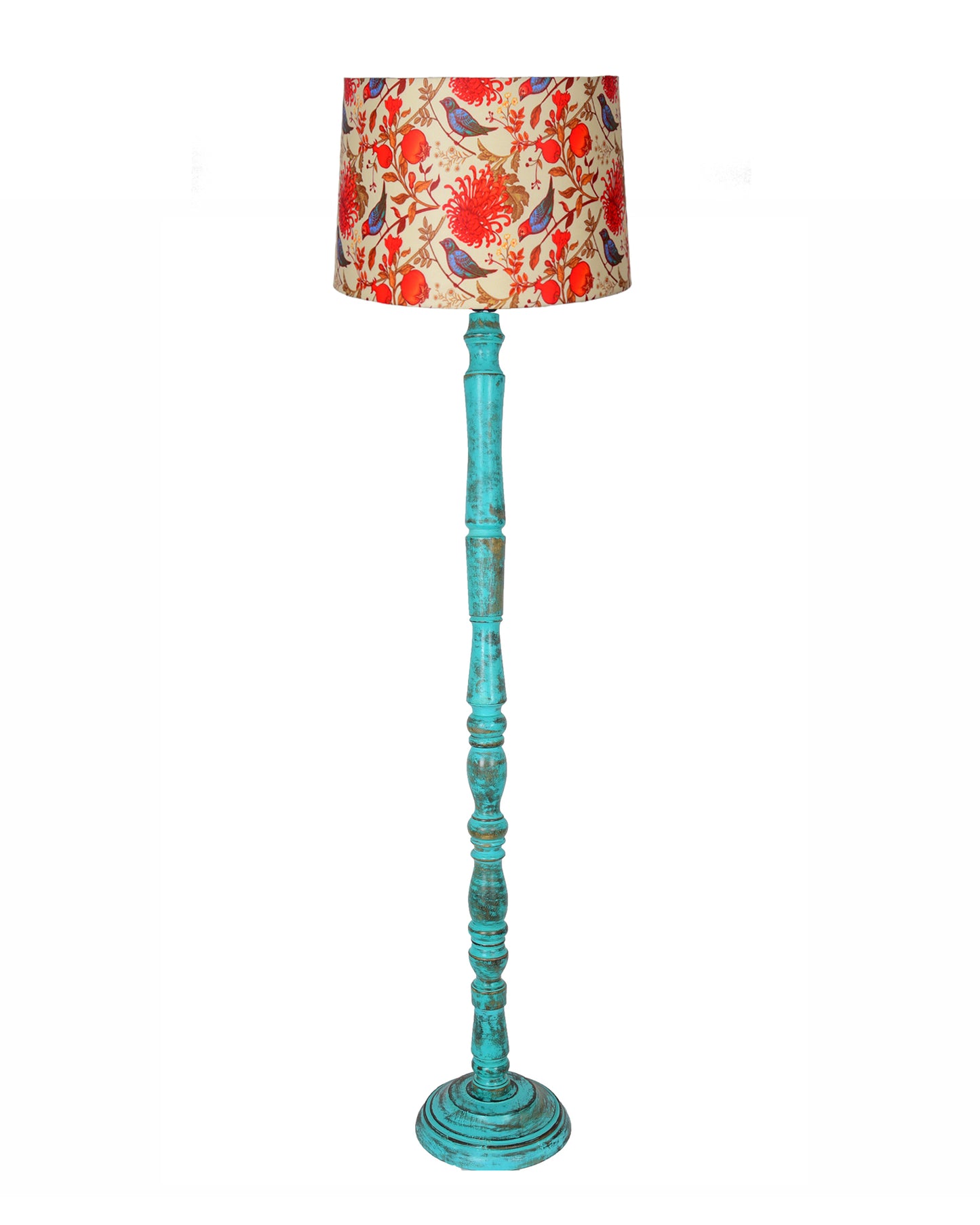 Rustic Wood Floor Lamp in Walnut Brown with Multicolor Fabric Lamp Shade | Light Decoration for Home Corner | Living Room & Bedroom Bedside Floor Lamp, Antique Floor Light, Algae Stick, Bird