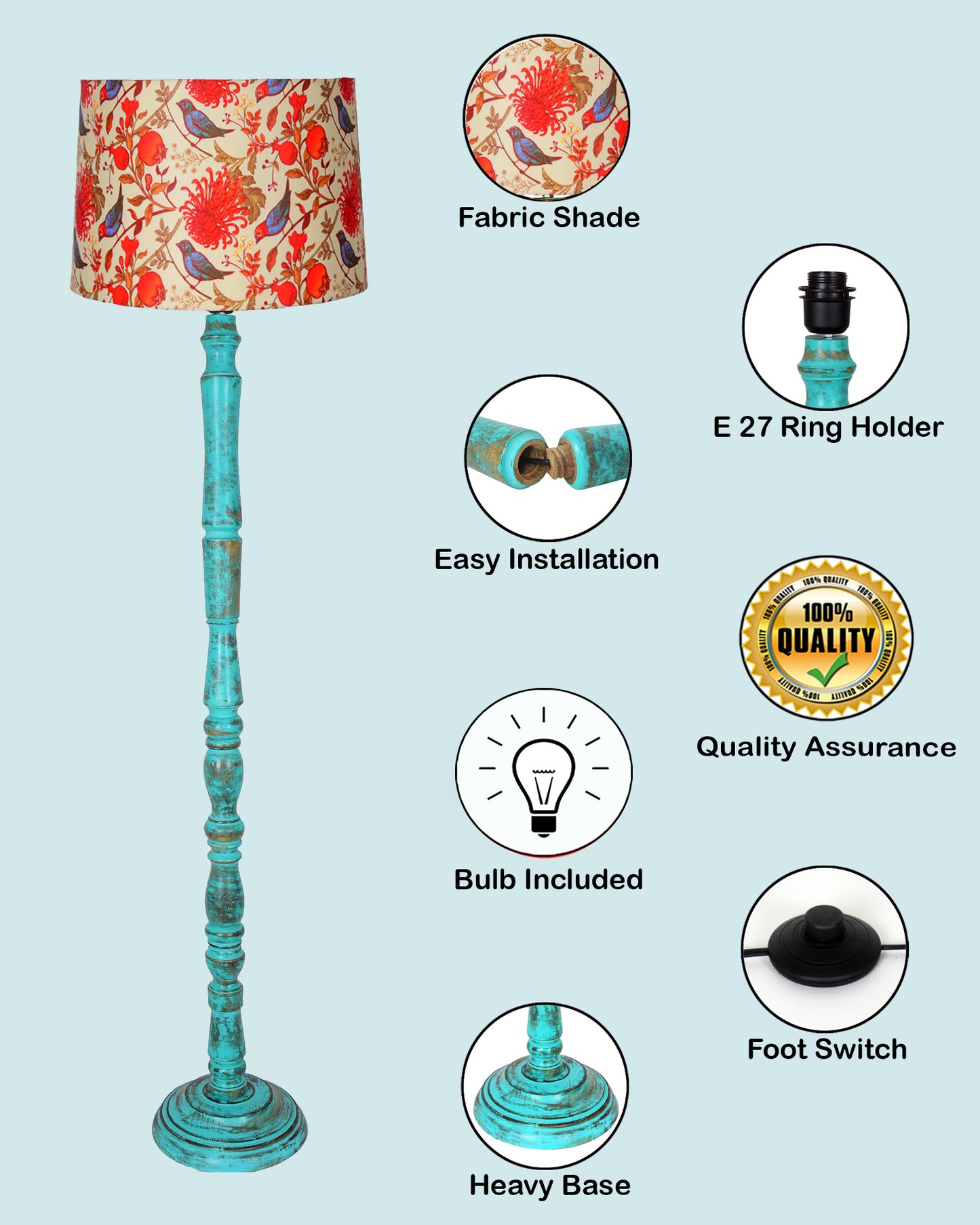 Rustic Wood Floor Lamp in Walnut Brown with Multicolor Fabric Lamp Shade | Light Decoration for Home Corner | Living Room & Bedroom Bedside Floor Lamp, Antique Floor Light, Algae Stick, Bird