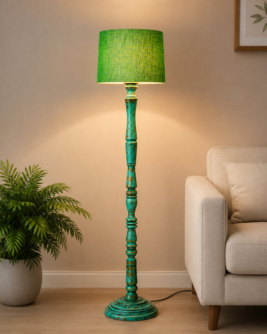 Rustic Wood Floor Lamp in Walnut Brown with Multicolor Fabric Lamp Shade | Light Decoration for Home Corner | Living Room & Bedroom Bedside Floor Lamp, Antique Floor Light, Algae Stick, Bird