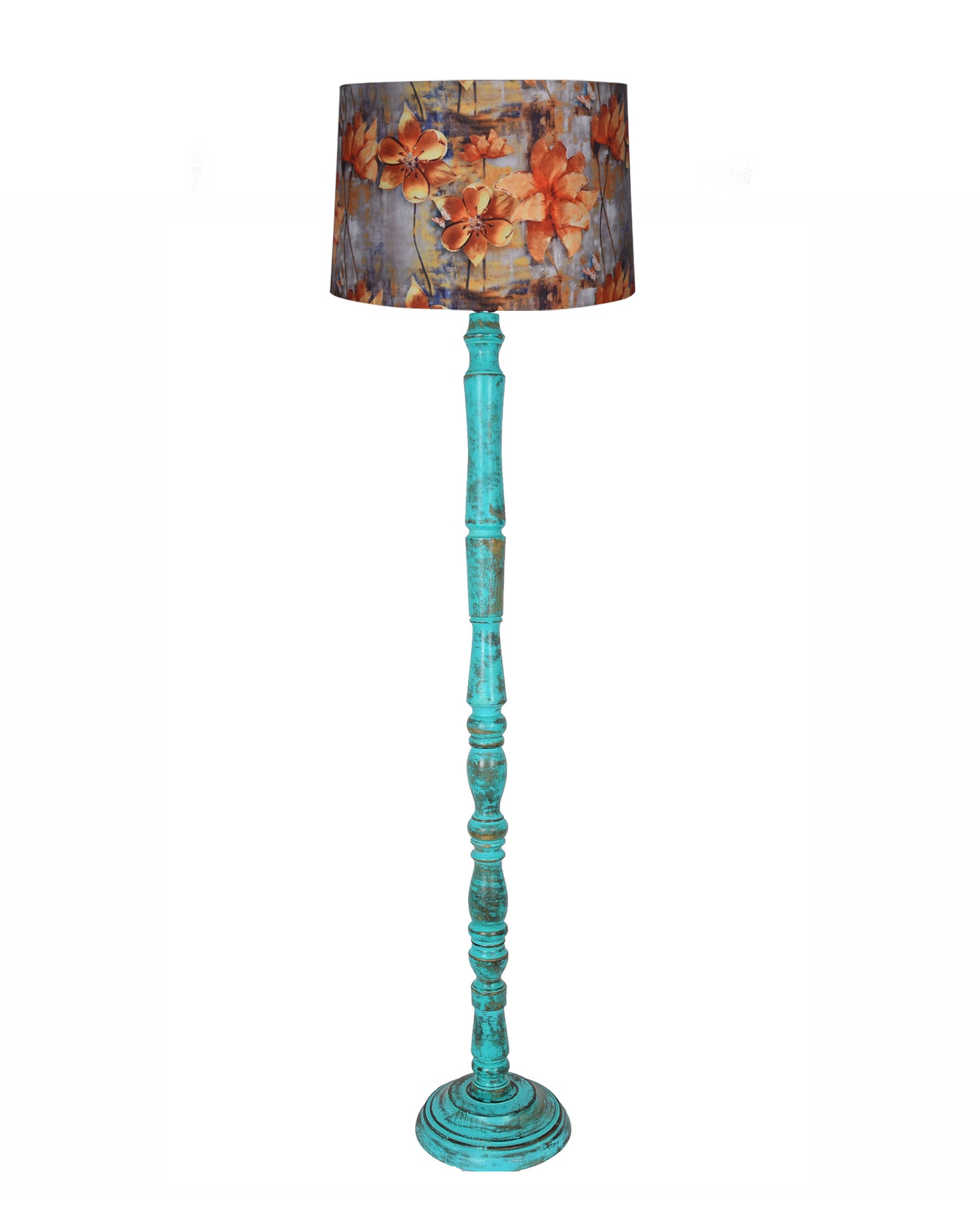 Rustic Wood Floor Lamp in Walnut Brown with Multicolor Fabric Lamp Shade | Light Decoration for Home Corner | Living Room & Bedroom Bedside Floor Lamp, Antique Floor Light, Algae Stick, Bird