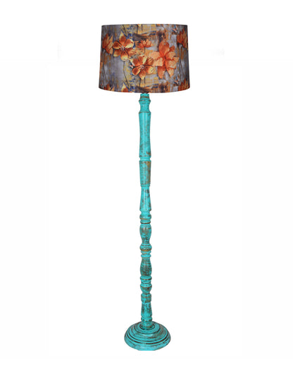 Rustic Wood Floor Lamp in Walnut Brown with Multicolor Fabric Lamp Shade | Light Decoration for Home Corner | Living Room & Bedroom Bedside Floor Lamp, Antique Floor Light, Algae Stick, Bird