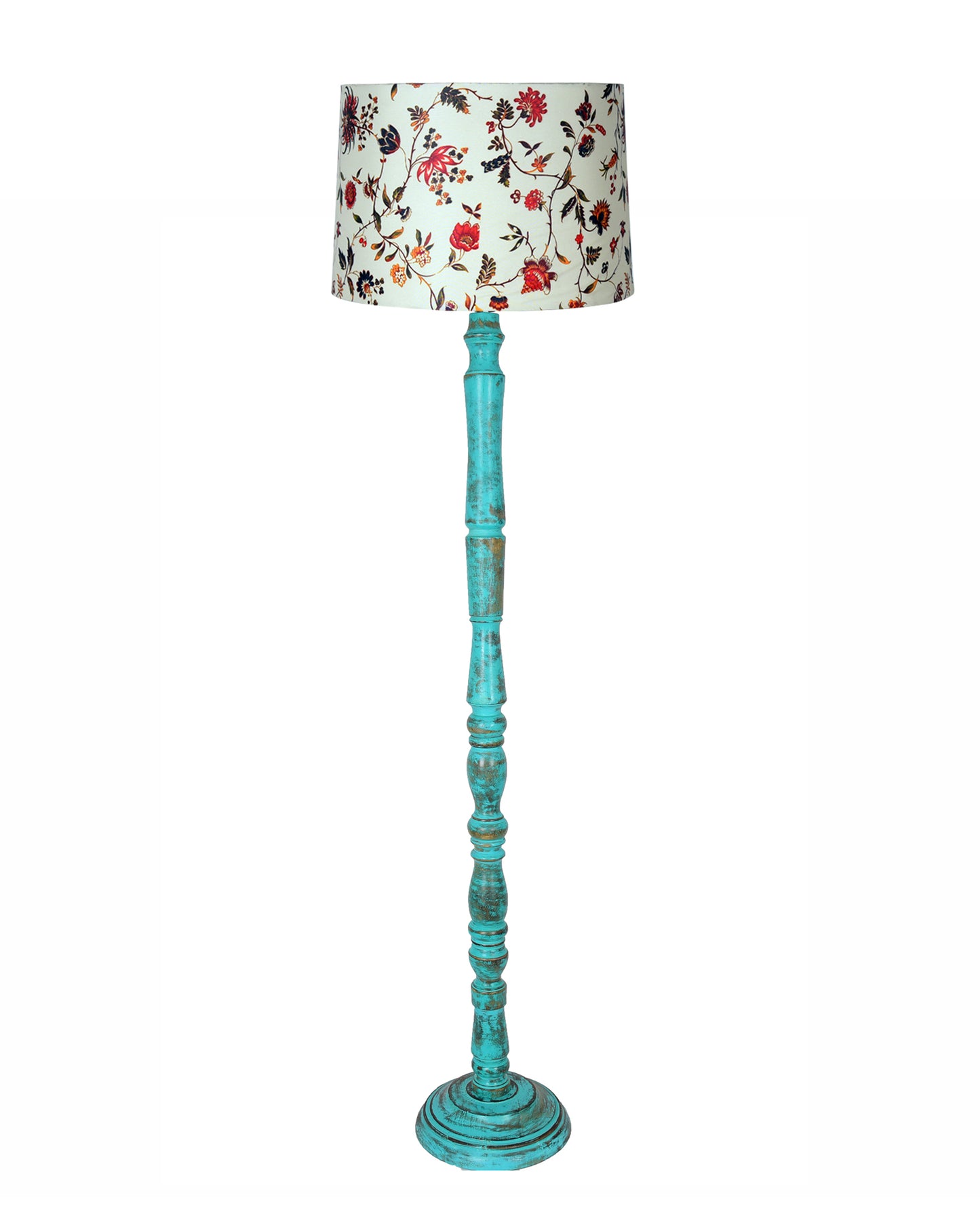 Rustic Wood Floor Lamp in Walnut Brown with Multicolor Fabric Lamp Shade | Light Decoration for Home Corner | Living Room & Bedroom Bedside Floor Lamp, Antique Floor Light, Algae Stick, Bird