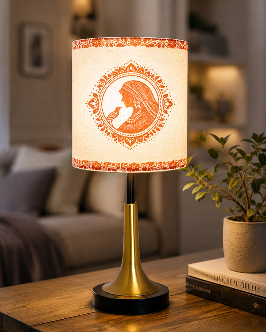 Rustic Farmhouse Metal Table Lamp Fabric Shade for Bedroom Living Room House Home Bedside Nightstand Office Family, Dual Color Trumpet Bell, Printed Drum Shade
