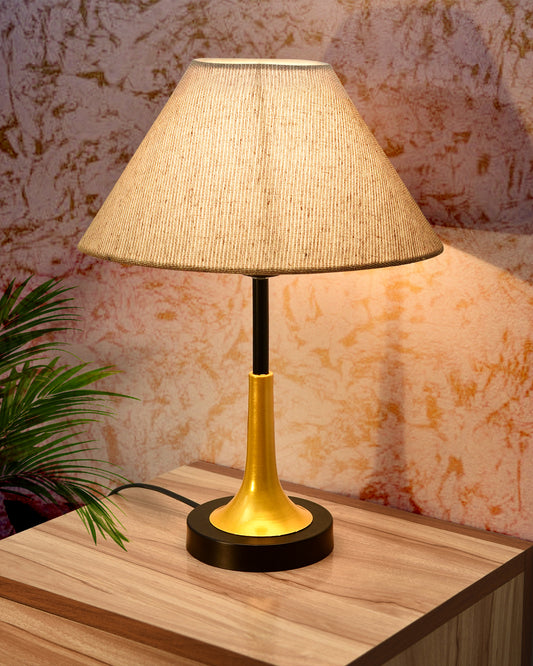 Rustic Farmhouse Metal Table Lamp Fabric Shade for Bedroom Living Room House Home Bedside Nightstand Office Family, Dual Color Trumpet Bell, Jute Cone