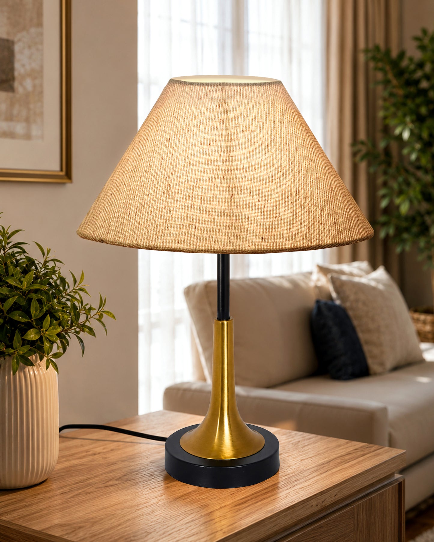 Rustic Farmhouse Metal Table Lamp Fabric Shade for Bedroom Living Room House Home Bedside Nightstand Office Family, Dual Color Trumpet Bell, Jute Cone