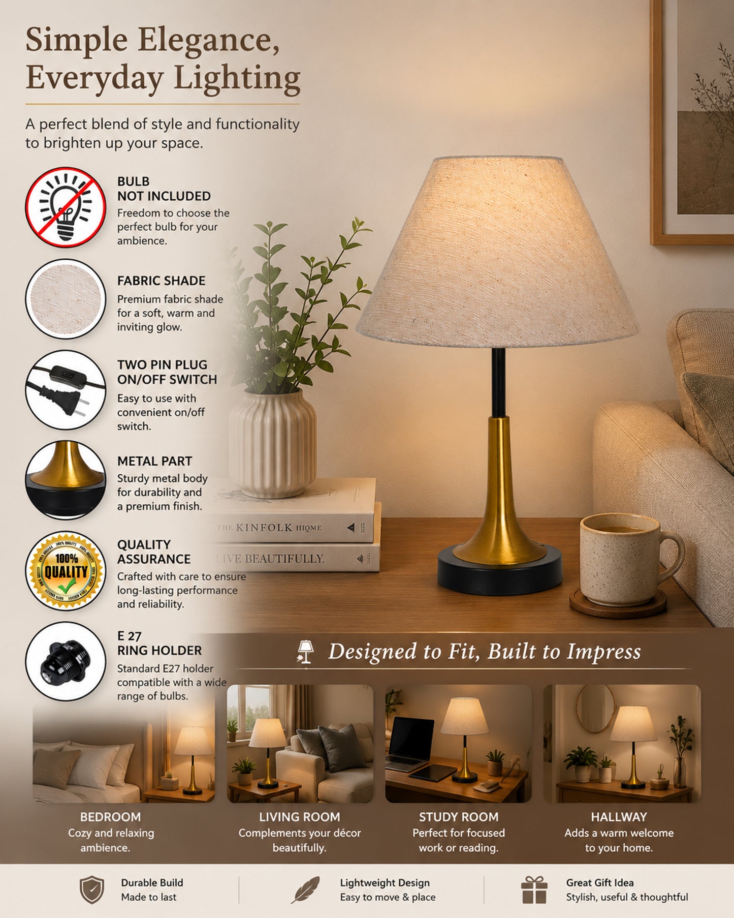 Rustic Farmhouse Metal Table Lamp Fabric Shade for Bedroom Living Room House Home Bedside Nightstand Office Family, Dual Color Trumpet Bell, Jute Cone