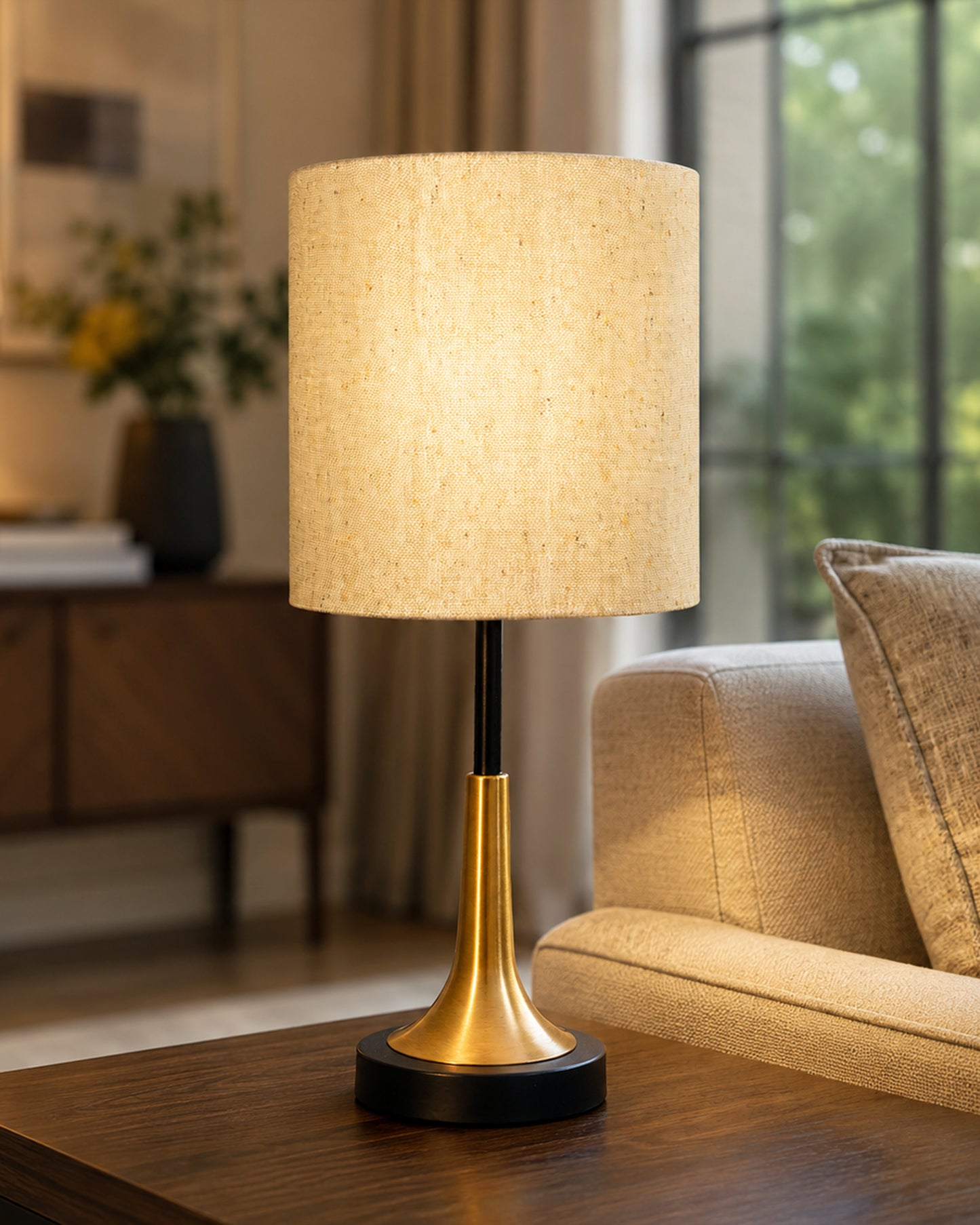 Rustic Farmhouse Metal Table Lamp Fabric Shade for Bedroom Living Room House Home Bedside Nightstand Office Family, Dual Color Trumpet Bell, Jute Cone