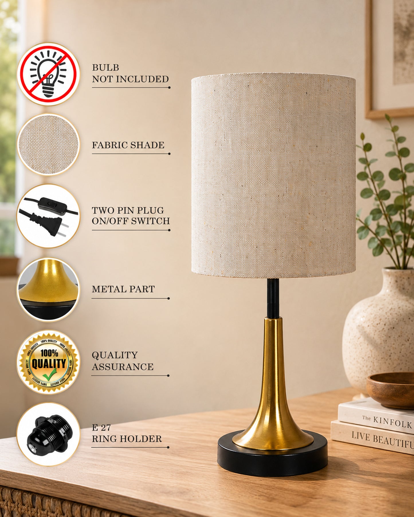 Rustic Farmhouse Metal Table Lamp Fabric Shade for Bedroom Living Room House Home Bedside Nightstand Office Family, Dual Color Trumpet Bell, Jute Cone