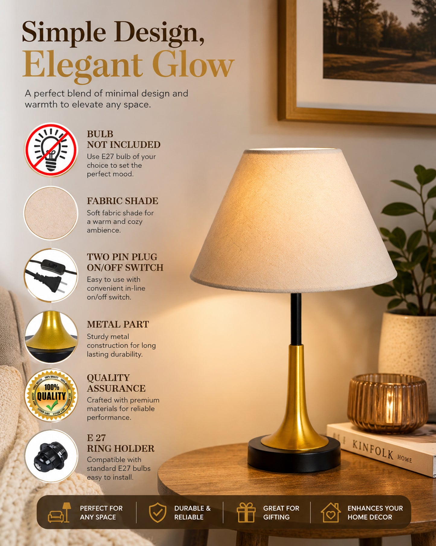 Rustic Farmhouse Metal Table Lamp Fabric Shade for Bedroom Living Room House Home Bedside Nightstand Office Family, Dual Color Trumpet Bell, Jute Cone