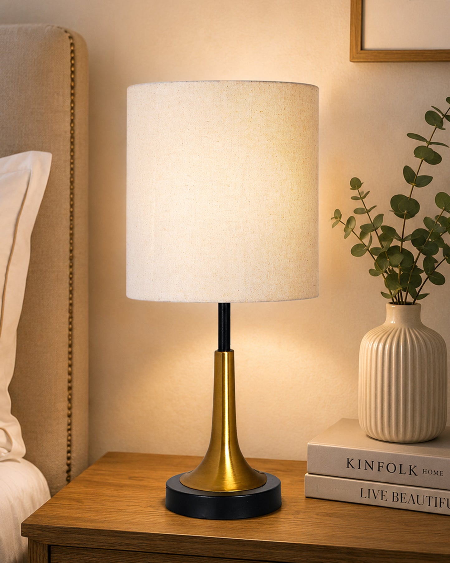 Rustic Farmhouse Metal Table Lamp Fabric Shade for Bedroom Living Room House Home Bedside Nightstand Office Family, Dual Color Trumpet Bell, Jute Cone