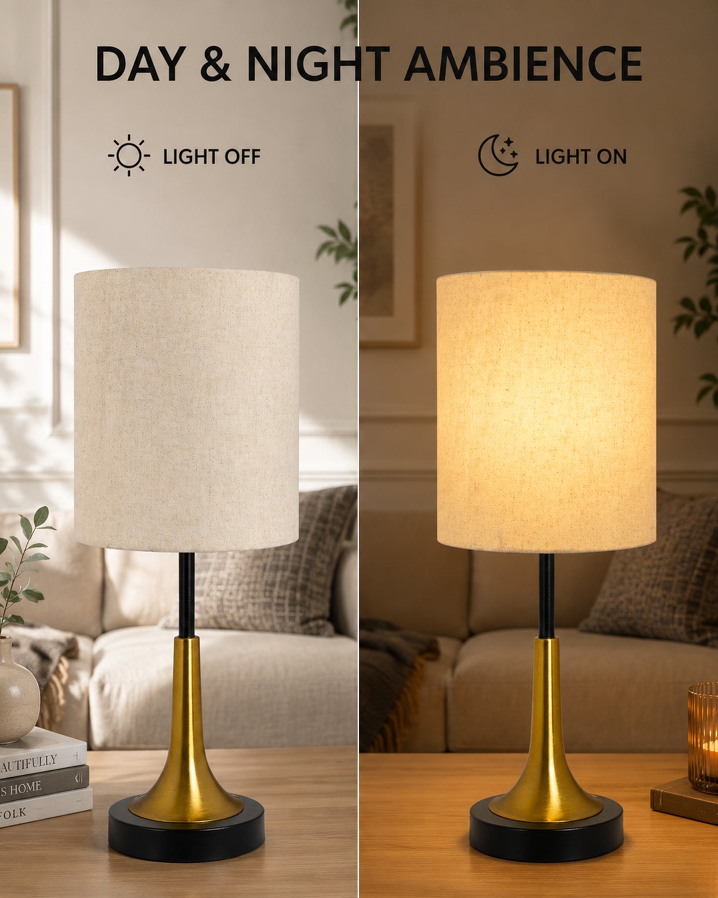 Rustic Farmhouse Metal Table Lamp Fabric Shade for Bedroom Living Room House Home Bedside Nightstand Office Family, Dual Color Trumpet Bell, Jute Cone