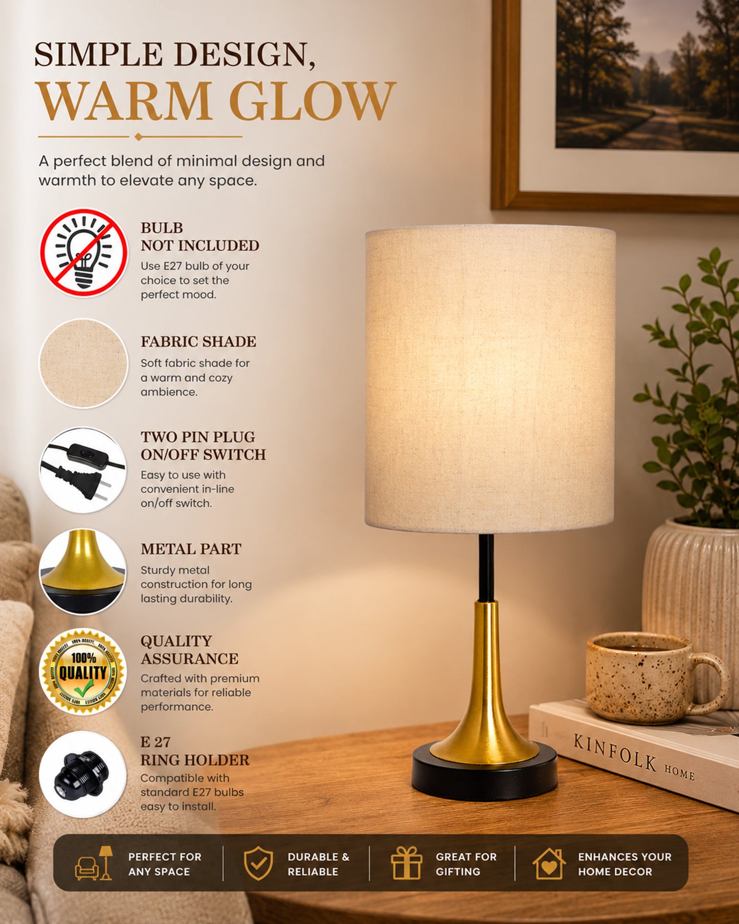 Rustic Farmhouse Metal Table Lamp Fabric Shade for Bedroom Living Room House Home Bedside Nightstand Office Family, Dual Color Trumpet Bell, Jute Cone