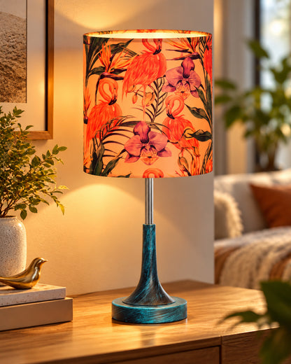 Rustic Farmhouse Metal Table Lamp Fabric Shade for Bedroom Living Room House Home Bedside Nightstand Office Family, Antique Blue Trumpet Bell, Jute Cone