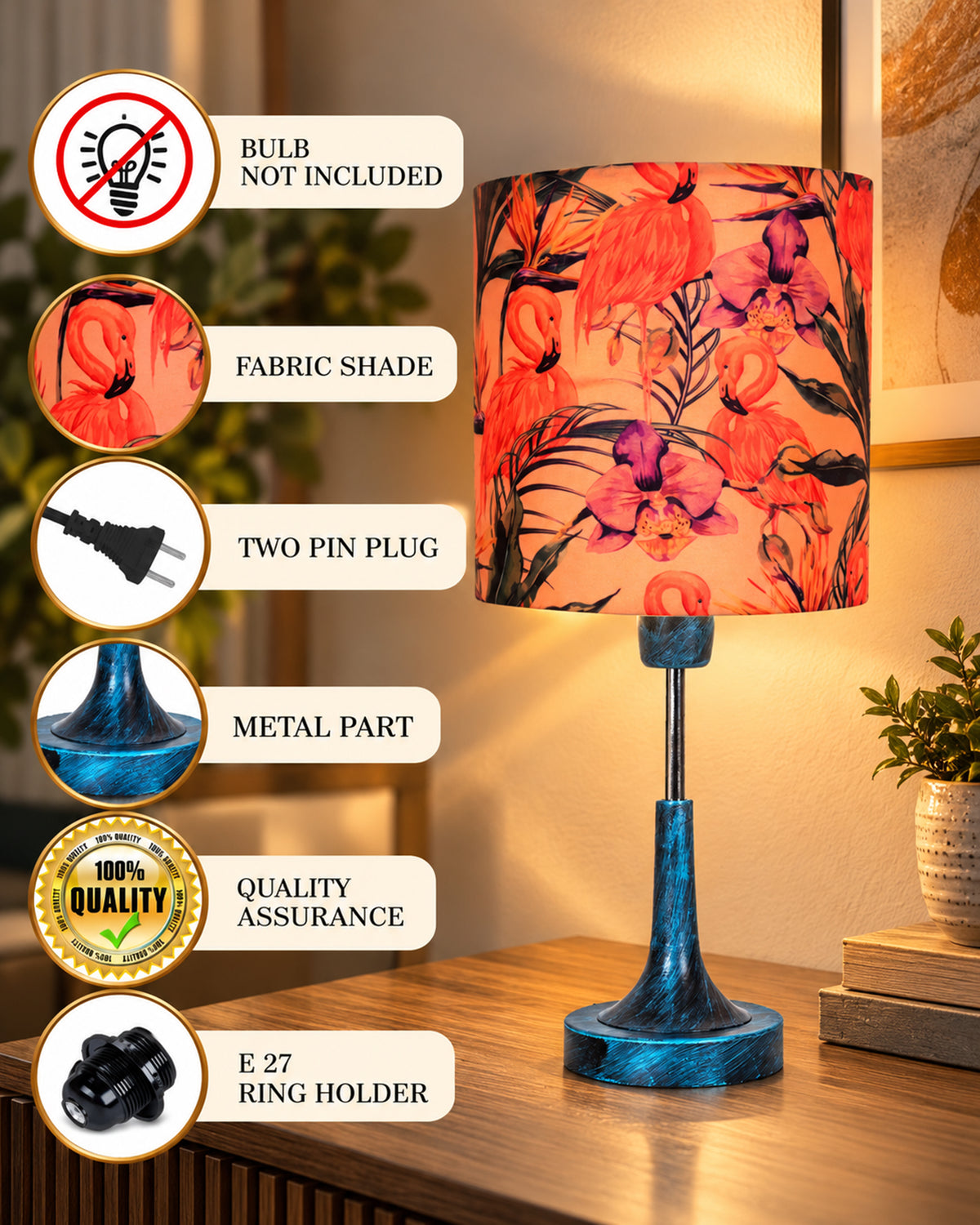 Rustic Farmhouse Metal Table Lamp Fabric Shade for Bedroom Living Room House Home Bedside Nightstand Office Family, Antique Blue Trumpet Bell, Jute Cone