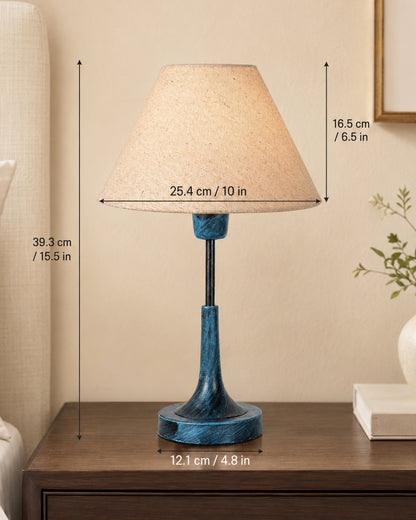Rustic Farmhouse Metal Table Lamp Fabric Shade for Bedroom Living Room House Home Bedside Nightstand Office Family, Antique Blue Trumpet Bell, Jute Cone