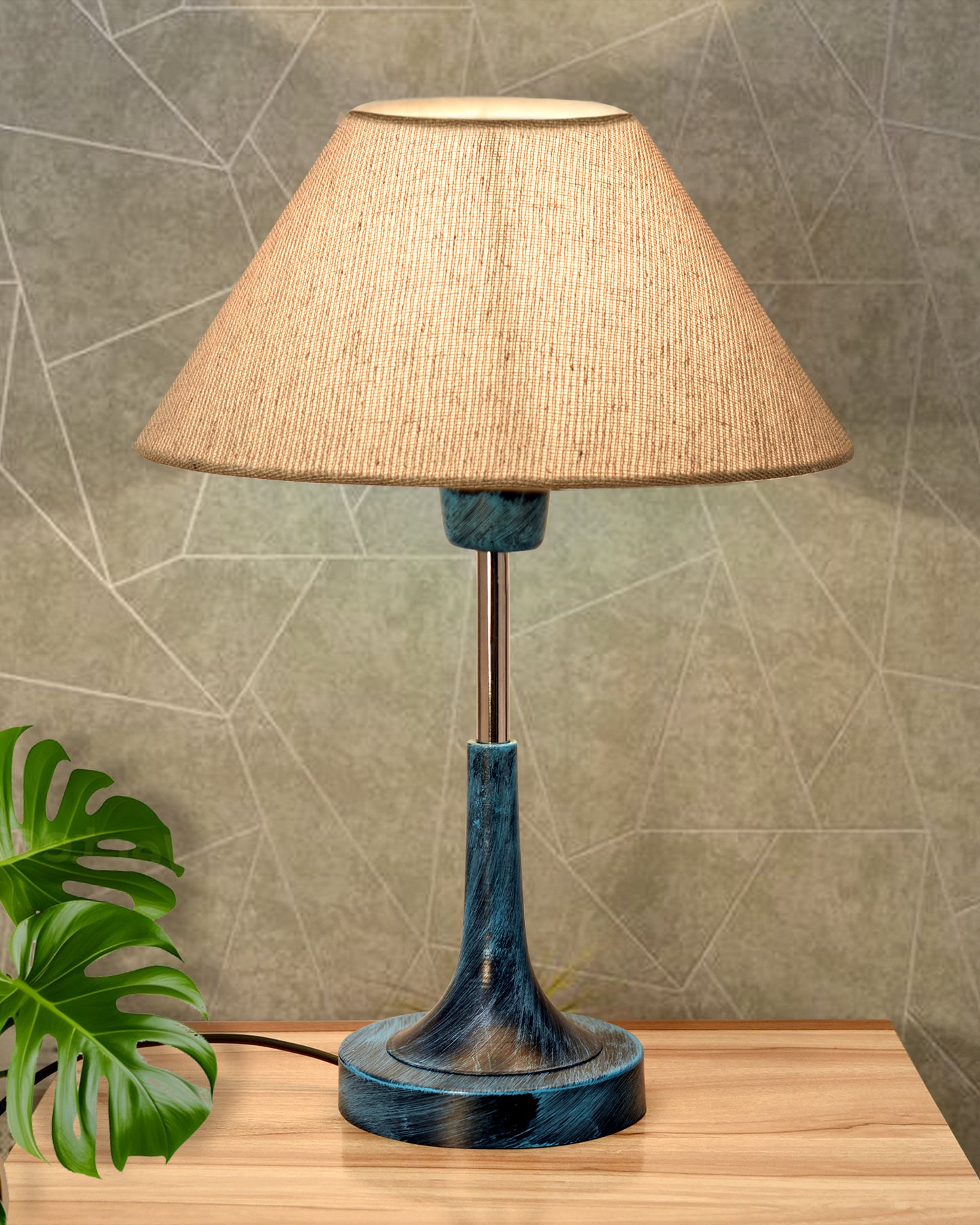 Rustic Farmhouse Metal Table Lamp Fabric Shade for Bedroom Living Room House Home Bedside Nightstand Office Family, Antique Blue Trumpet Bell, Jute Cone