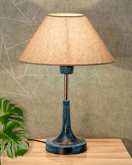 Rustic Farmhouse Metal Table Lamp Fabric Shade for Bedroom Living Room House Home Bedside Nightstand Office Family, Antique Blue Trumpet Bell, Jute Cone