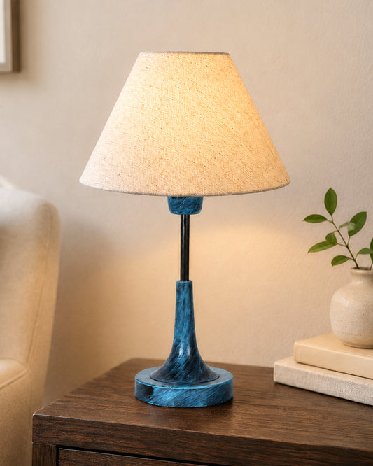 Rustic Farmhouse Metal Table Lamp Fabric Shade for Bedroom Living Room House Home Bedside Nightstand Office Family, Antique Blue Trumpet Bell, Jute Cone