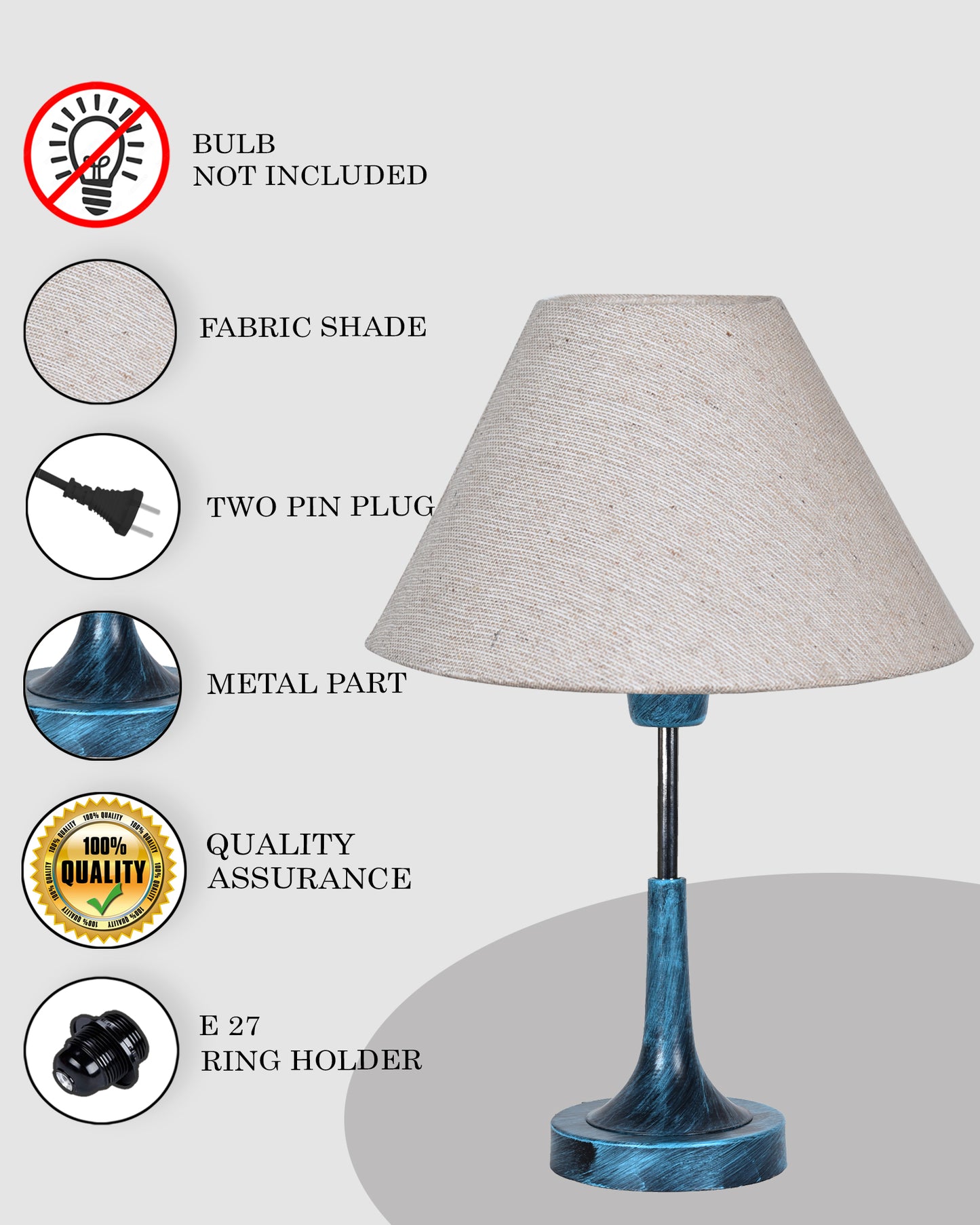 Rustic Farmhouse Metal Table Lamp Fabric Shade for Bedroom Living Room House Home Bedside Nightstand Office Family, Antique Blue Trumpet Bell, Jute Cone