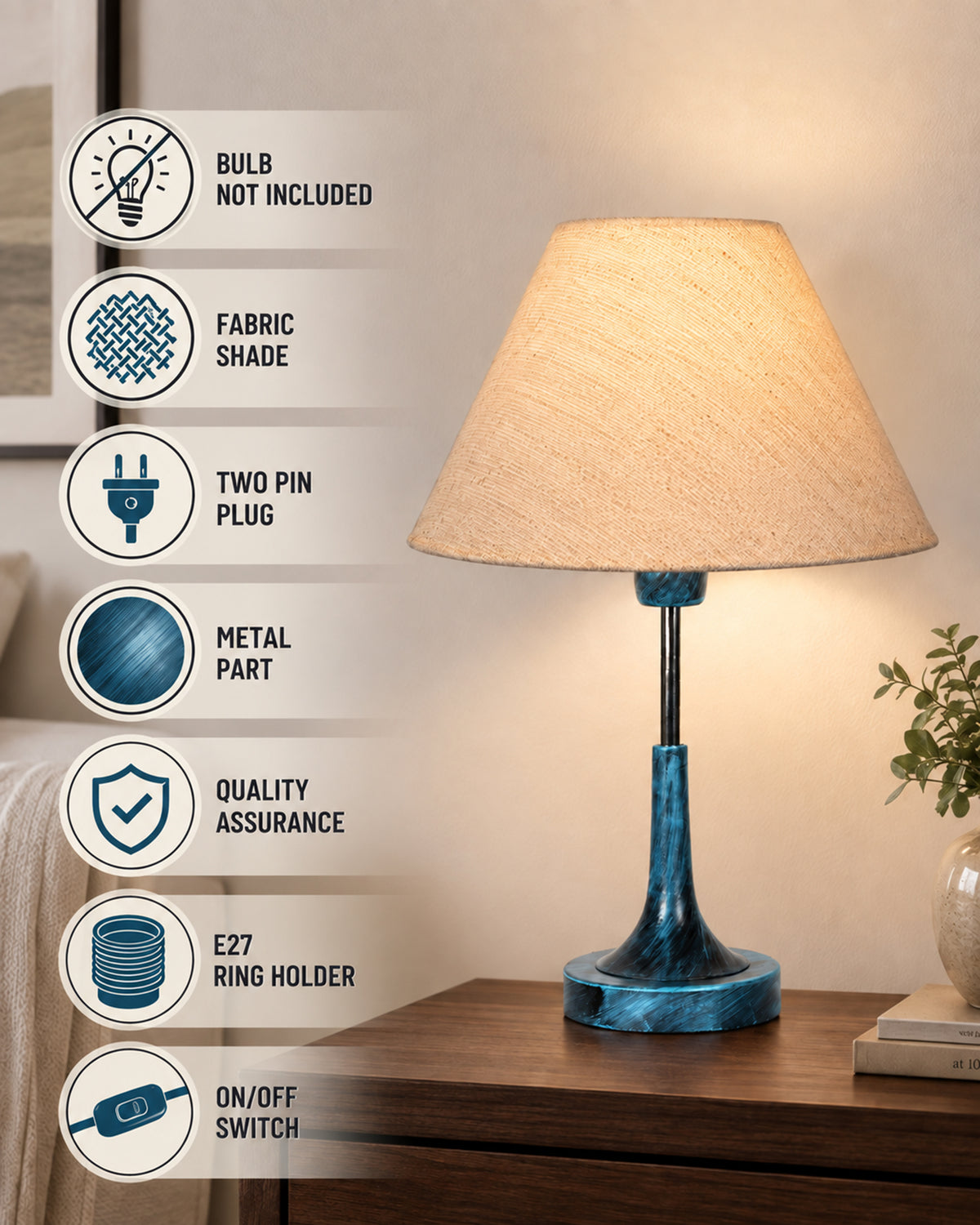 Rustic Farmhouse Metal Table Lamp Fabric Shade for Bedroom Living Room House Home Bedside Nightstand Office Family, Antique Blue Trumpet Bell, Jute Cone