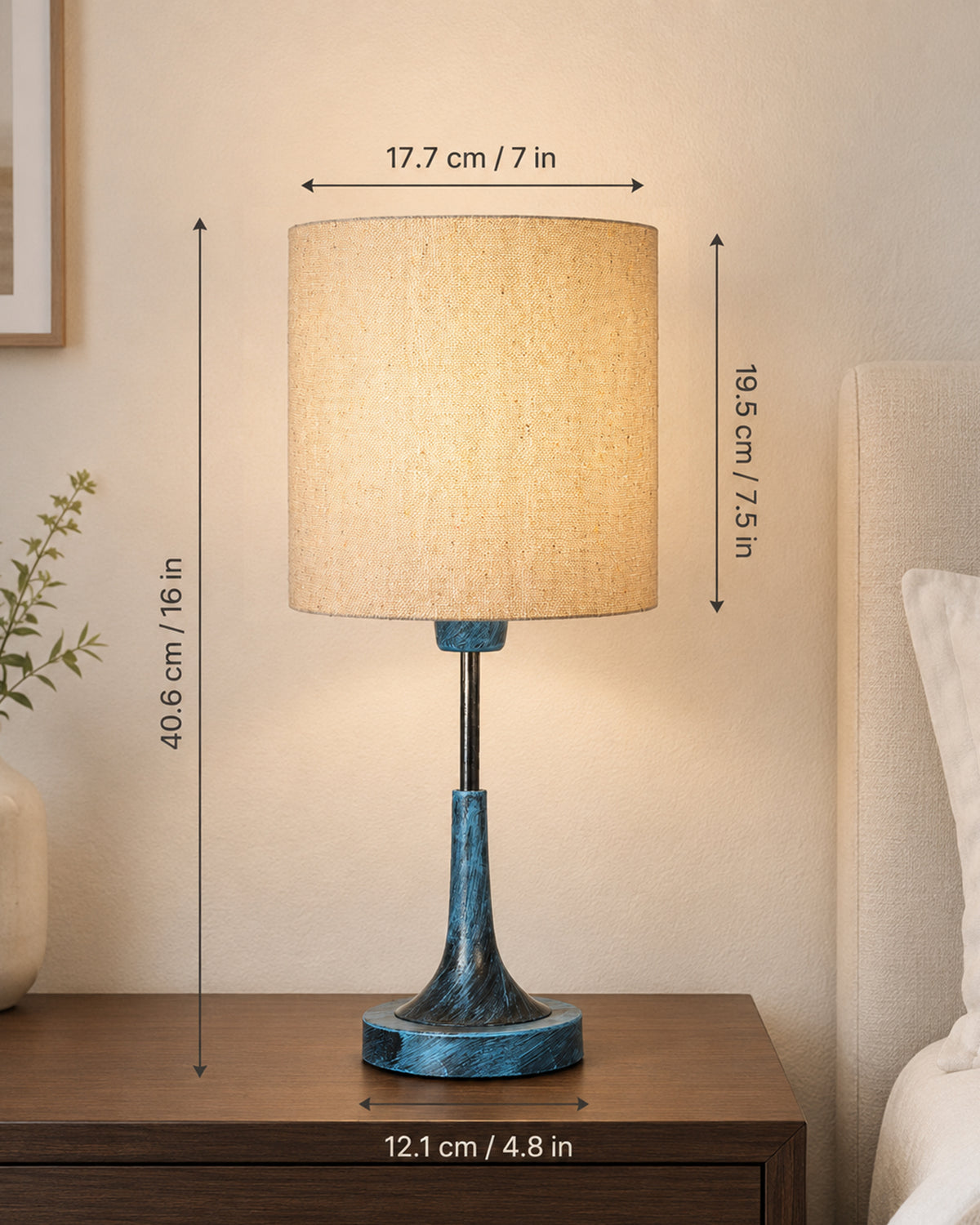 Rustic Farmhouse Metal Table Lamp Fabric Shade for Bedroom Living Room House Home Bedside Nightstand Office Family, Antique Blue Trumpet Bell, Jute Cone