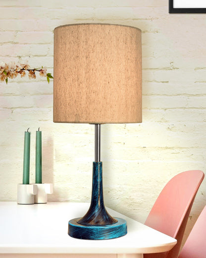 Rustic Farmhouse Metal Table Lamp Fabric Shade for Bedroom Living Room House Home Bedside Nightstand Office Family, Antique Blue Trumpet Bell, Jute Cone