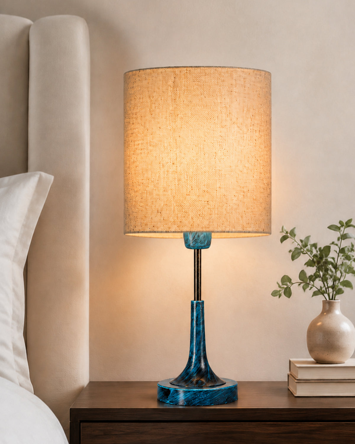 Rustic Farmhouse Metal Table Lamp Fabric Shade for Bedroom Living Room House Home Bedside Nightstand Office Family, Antique Blue Trumpet Bell, Jute Cone