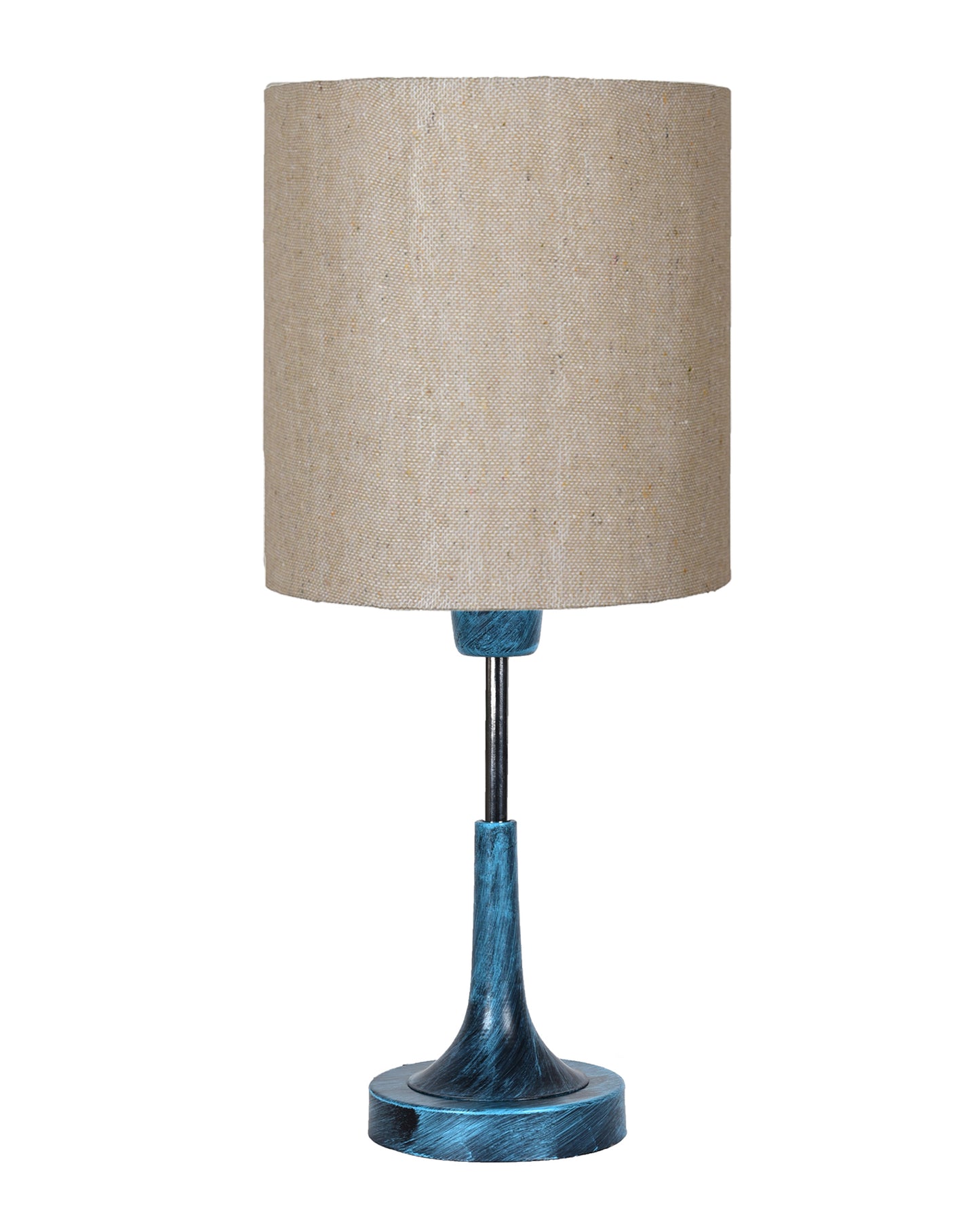 Rustic Farmhouse Metal Table Lamp Fabric Shade for Bedroom Living Room House Home Bedside Nightstand Office Family, Antique Blue Trumpet Bell, Jute Cone