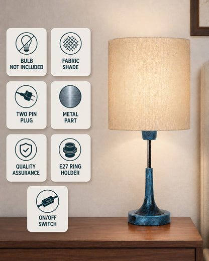 Rustic Farmhouse Metal Table Lamp Fabric Shade for Bedroom Living Room House Home Bedside Nightstand Office Family, Antique Blue Trumpet Bell, Jute Cone