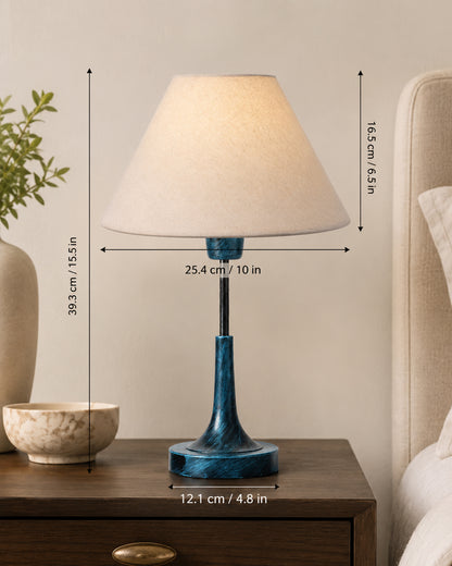 Rustic Farmhouse Metal Table Lamp Fabric Shade for Bedroom Living Room House Home Bedside Nightstand Office Family, Antique Blue Trumpet Bell, Jute Cone