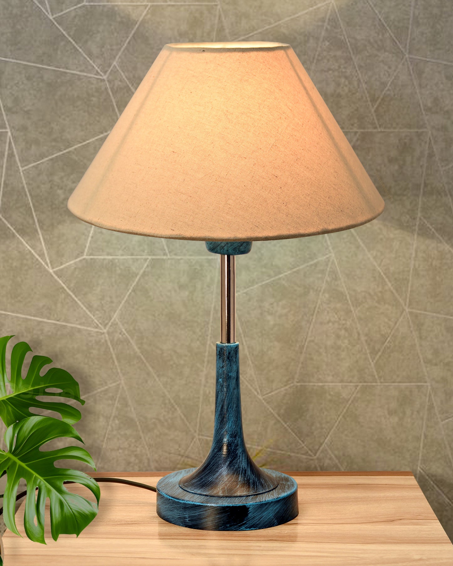 Rustic Farmhouse Metal Table Lamp Fabric Shade for Bedroom Living Room House Home Bedside Nightstand Office Family, Antique Blue Trumpet Bell, Jute Cone