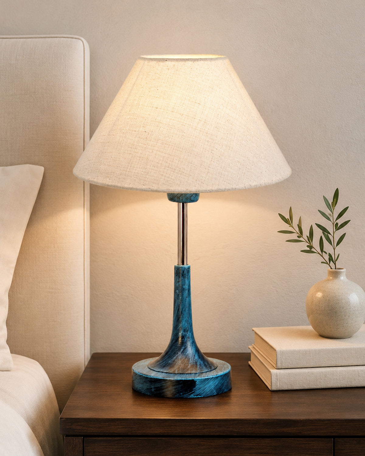 Rustic Farmhouse Metal Table Lamp Fabric Shade for Bedroom Living Room House Home Bedside Nightstand Office Family, Antique Blue Trumpet Bell, Jute Cone