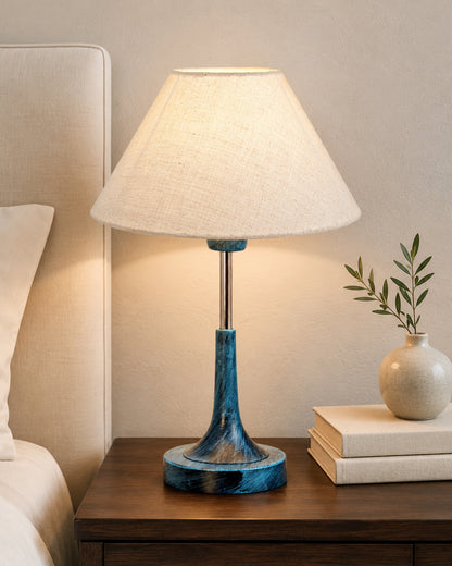 Rustic Farmhouse Metal Table Lamp Fabric Shade for Bedroom Living Room House Home Bedside Nightstand Office Family, Antique Blue Trumpet Bell, Jute Cone