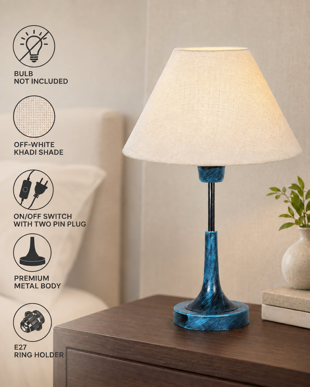 Rustic Farmhouse Metal Table Lamp Fabric Shade for Bedroom Living Room House Home Bedside Nightstand Office Family, Antique Blue Trumpet Bell, Jute Cone
