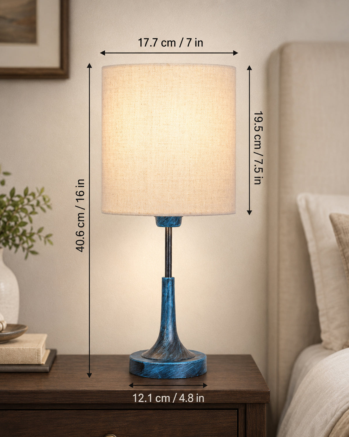 Rustic Farmhouse Metal Table Lamp Fabric Shade for Bedroom Living Room House Home Bedside Nightstand Office Family, Antique Blue Trumpet Bell, Jute Cone