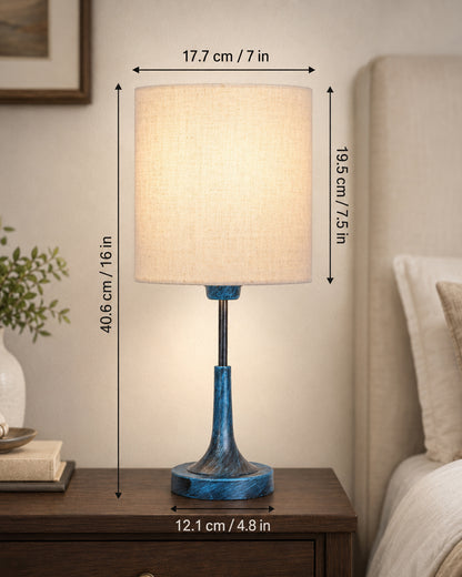Rustic Farmhouse Metal Table Lamp Fabric Shade for Bedroom Living Room House Home Bedside Nightstand Office Family, Antique Blue Trumpet Bell, Jute Cone