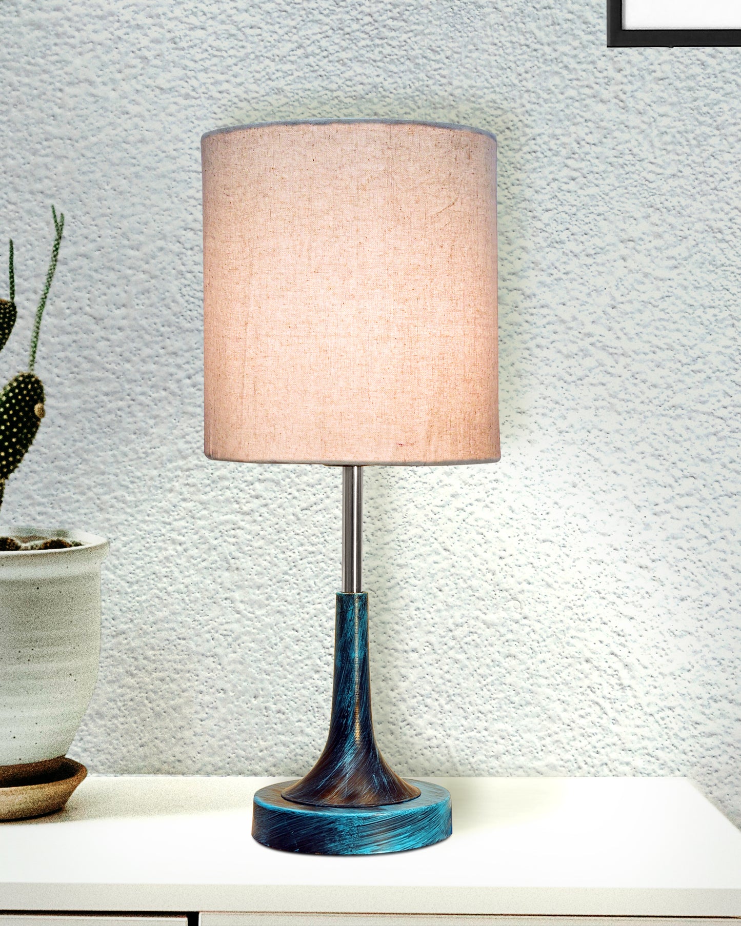 Rustic Farmhouse Metal Table Lamp Fabric Shade for Bedroom Living Room House Home Bedside Nightstand Office Family, Antique Blue Trumpet Bell, Jute Cone